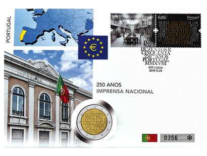 Portugals 2-Euro-Gedenkmünzenbrief ''250 Jahre Nationale Druckerei''