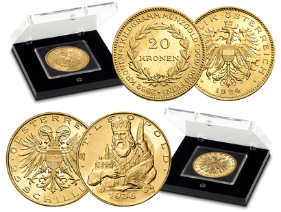 Das Gold der ersten Republik: 20-Kronen-Goldmünze und 25-Schilling-Goldmünze