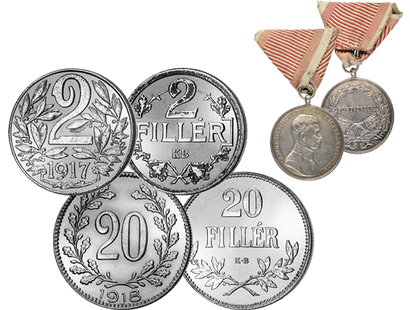 6er-Set zu Ehren von Kaiser Karl I.: 4 Münzen und 2 Tapferkeitsmedaillen