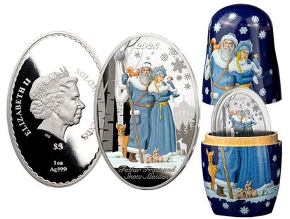 Silbermünze "Väterchen Frost und Schneemädchen" in einer Matrjoschka-Puppe
