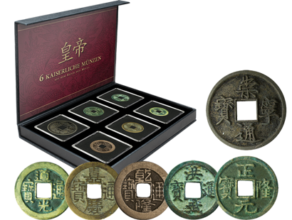 6er-Set historischer Käsch-Münzen verschiedener chinesischer Kaiser