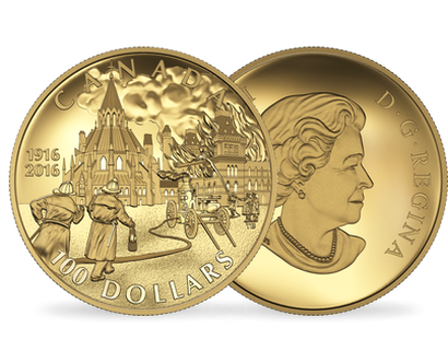 Monnaie de 100 Dollars en or  'L'incendie du parlement en 1916 - Préservation de la bibliothèque' 2016