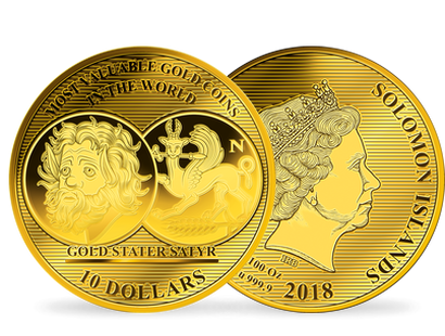 La monnaie 1/100 d'once or pur «Statère d’or au Satyre – 350 - 300 av.J.- C», grand diamètre: 45 mm !