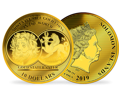La monnaie 1/100 d'once or pur «Statère d’or au Satyre – 350 - 300 av.J.- C», grand diamètre: 45 mm !