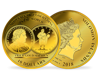 La monnaie 1/100 d'once or «Solidus de Trêves», grand diamètre: 45 mm !