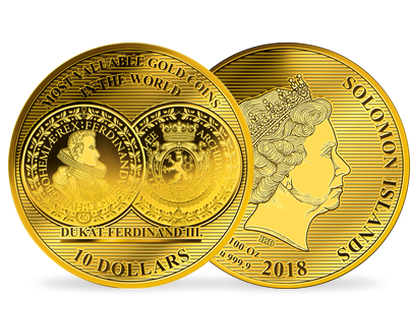 La monnaie 1/100 d'once or pur «Ducat Ferdinand III», grand diamètre: 45 mm !