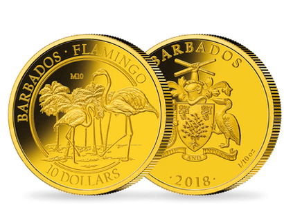 Monnaie de 1/10 once d' or pur « Le flamant rose » Barbade