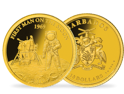 Monnaie de 10 Dollars en or pur «Premier Homme sur la Lune» Barbade 2019