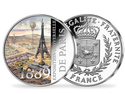 La frappe en argent colorisé «1889, Exposition Universelle de Paris» 