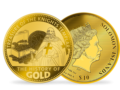Collection : Les Monnaies 1/100 d'once or « L'Histoire de l'Or » ! Première livraison « Le trésor des templiers » grand diamètre: 45 mm !