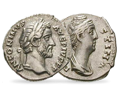 Enrichissez votre patrimoine avec les deux superbes deniers en argent du grand Empereur Antonin et de son épouse, l’Impératrice Faustine 