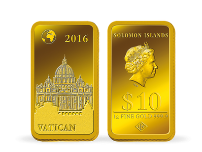 Monnaie-lingot 10 Dollars en or pur «Vatican - Basilique Saint Pierre»