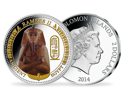 Monnaie de 2 Dollars en argent colorisé avec dorure «Ramsès II»