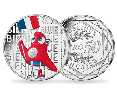 NOUVEAUTÉ: Monnaie de 50 Euros en argent massif colorisée «Paris 2024 - Mascotte Drapeau» 2023