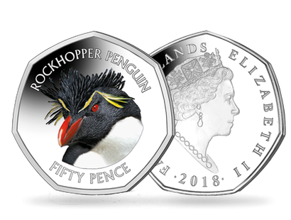 Monnaie de 50 pence colorisée «Le gorfou sauteur» Iles Malouines 2018