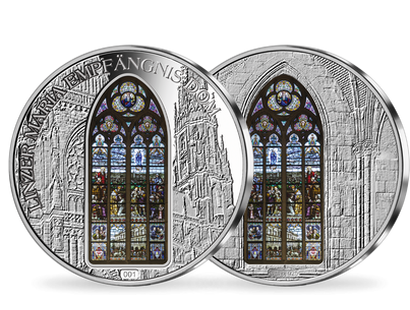 Frappe en argent «Nouvelle Cathédrale de Linz» avec incrustation de verre coloré
