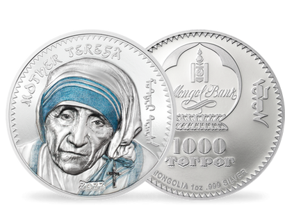 Mutter Teresa auf einer teilkolorierten Silbermünze