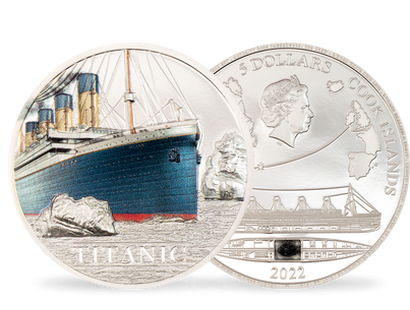 1-Unze-Silbermünze "Titanic" mit echtem Kohlestück vom Schiff