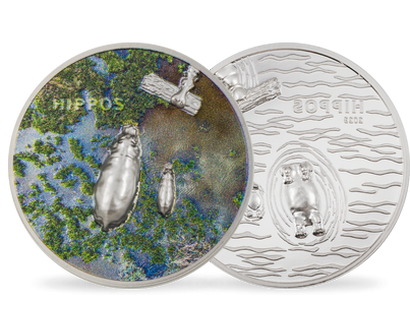 Silbermünze "Nilpferde" mit brillanter Farbveredelung