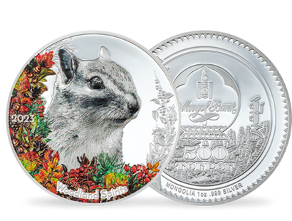 Woodland Spirits: Silbermünze "Sibirisches Streifenhörnchen" mit Teilkoloration