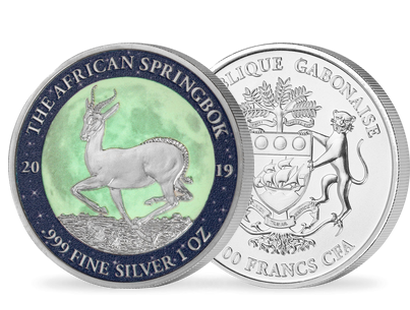 Monnaie de 1000 Francs CFA en argent pur «Springbock effet phosphorescent» Gabon 2019