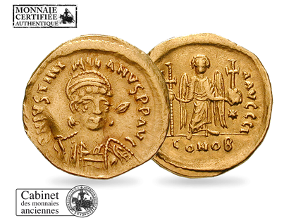 Monnaie authentique byzantine en or pur : «Solidus Justinien 1er»