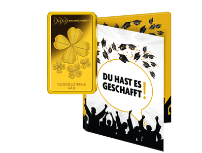 Gold-Geschenkbarren "Kleeblatt" mit Karte zum Abschluss von Schule, Uni, Ausbildung