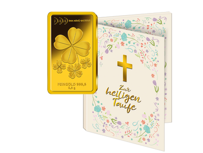 Gold-Geschenkbarren "Kleeblatt" mit Karte zur Taufe