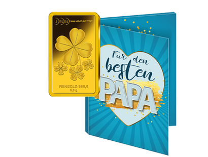 Gold-Geschenkbarren "Kleeblatt" mit Karte "Bester Papa"