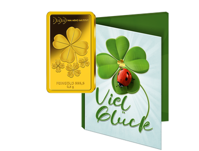 Gold-Geschenkbarren "Kleeblatt" mit Karte "Viel Glück"