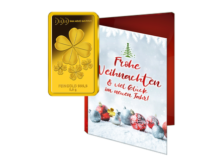 Gold-Geschenkbarren "Kleeblatt" mit Karte zu Weihnachten