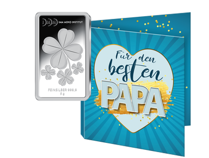 Silber-Geschenkbarren "Kleeblatt" mit Karte "Bester Papa"
