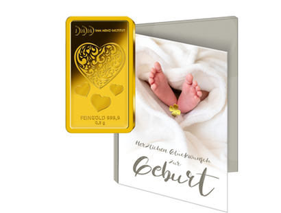 Gold-Geschenkbarren "Herz" mit Karte zur Geburt