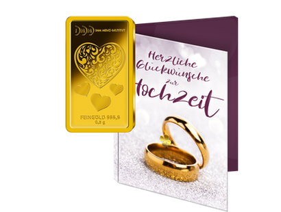Gold-Geschenkbarren "Herz" mit Karte zur Hochzeit