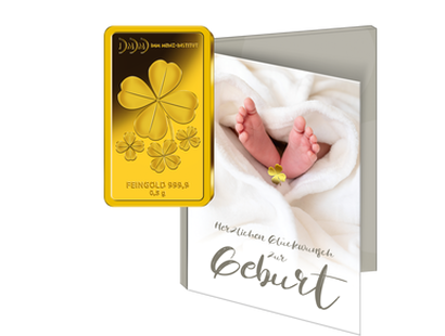 Gold-Geschenkbarren "Kleeblatt" mit Karte zur Geburt