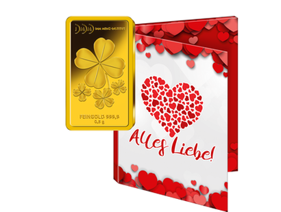 Gold-Geschenkbarren "Kleeblatt" mit Karte "Alles Liebe"