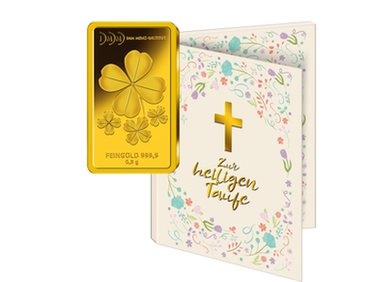 Gold-Geschenkbarren "Kleeblatt" mit Karte zur Taufe