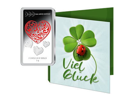 Silber-Geschenkbarren "Herz" mit Karte "Viel Glück"