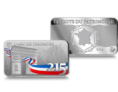 Lingot du patrimoine en argent pur colorisé «215ème anniversaire de l'Arc de Triomphe»