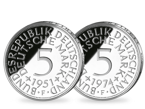 Die erste und letzte 5 DM-Silber-Kursmünze von 1951 und 1974: Prägezeichen F