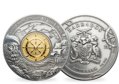 Monnaie de 3 onces en argent pur avec gouvernail plaqué en or pur «Ferdinand de Magellan» Barbades 2021