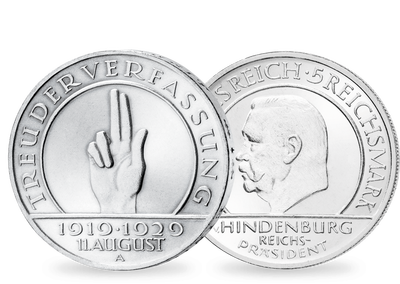 10 Jahre Weimarer Verfassung 1919 − 3 und 5 Reichsmark Schwurhand