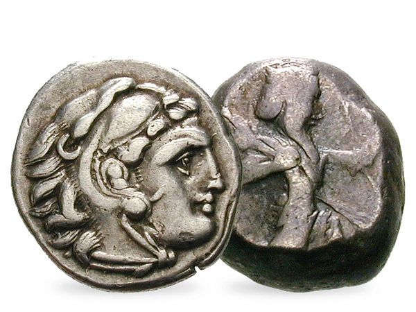 Das 2er-Set mit Münzen der Gegenspieler Alexander der Große und Dareios III.