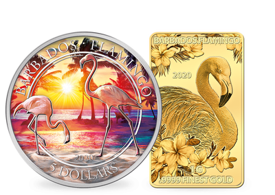Flamboyant ! Set or & argent purs «Flamant rose tropical» Barbades 2020 