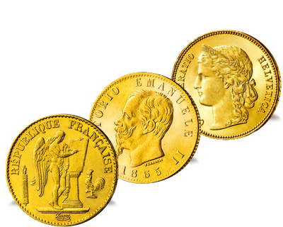 Set de 3 monnaies anciennes en or massif «Union Latine»