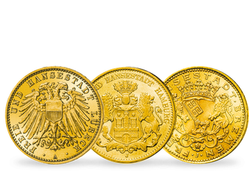 3er-Set der letzten 10-Mark-Goldmünzen der Hansestädte