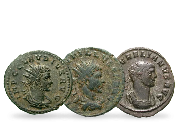 Set von drei römischen Aurei mit der Darstellung der drei Kaiser von 270 n. Chr. 