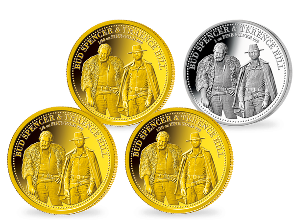 Die Vorderseiten der exklusiven Gedenkmünzen „170 Jahre Bud Spencer & Terence Hill“