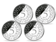 Die Vorderseite der letzten 5 DM-Silber-Kursmünzen von 1974 im 4er-Set