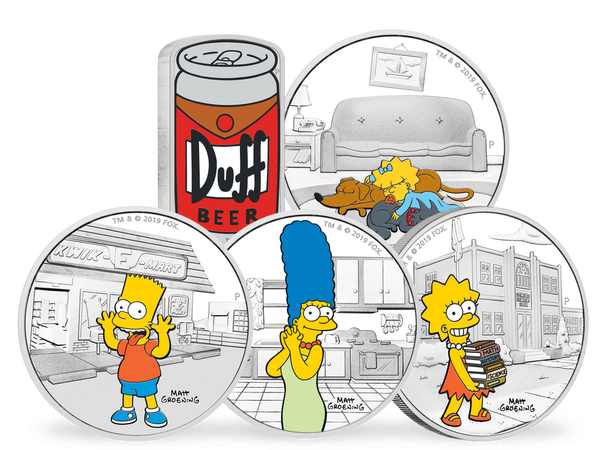 Die Gedenkmünzen 'The Simpsons™' aus Tuvalu. TM and © 2019 Fox.